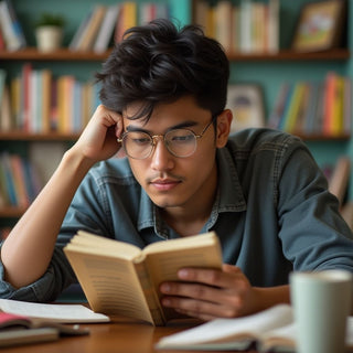 Estudante universitário lendo em um ambiente colorido.