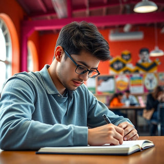 University student writing in a vibrant study environment.