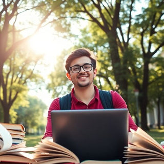 University student in a vibrant campus with books and laptop.