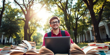 University student in a vibrant campus with books and laptop.