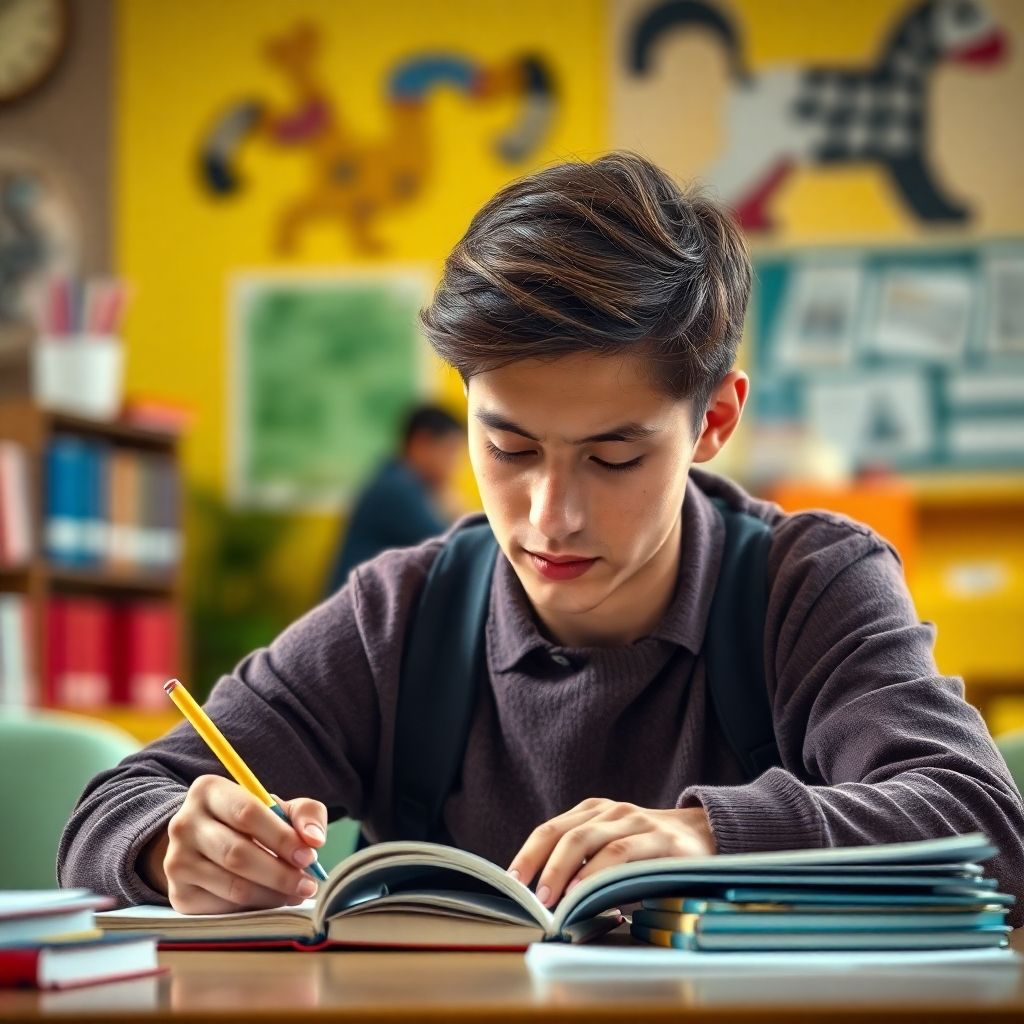 Estudante universitário escrevendo em um ambiente colorido.