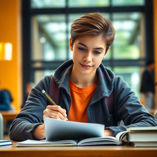 Estudante universitário escrevendo em um ambiente colorido.