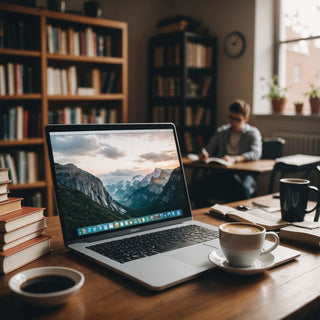 Person writing dissertation on laptop with books and coffee