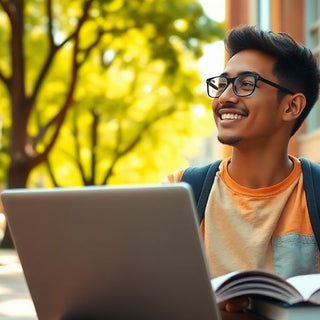 University student in a lively campus environment with books.