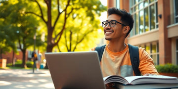 University student in a lively campus environment with books.