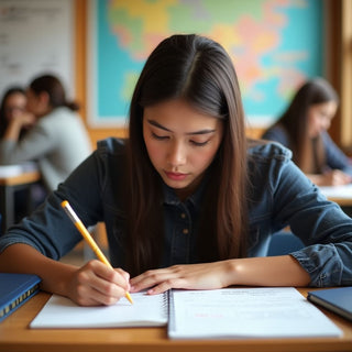 Mahasiswa universitas menulis di lingkungan yang penuh semangat.