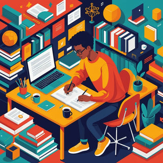 Student writing thesis with books and laptop