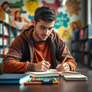 University student writing in a vibrant study environment.