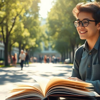 University student studying in a vibrant campus environment.