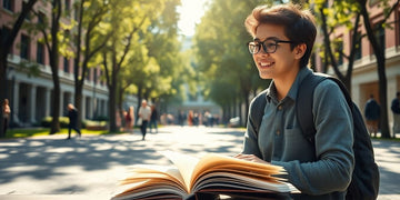 University student studying in a vibrant campus environment.