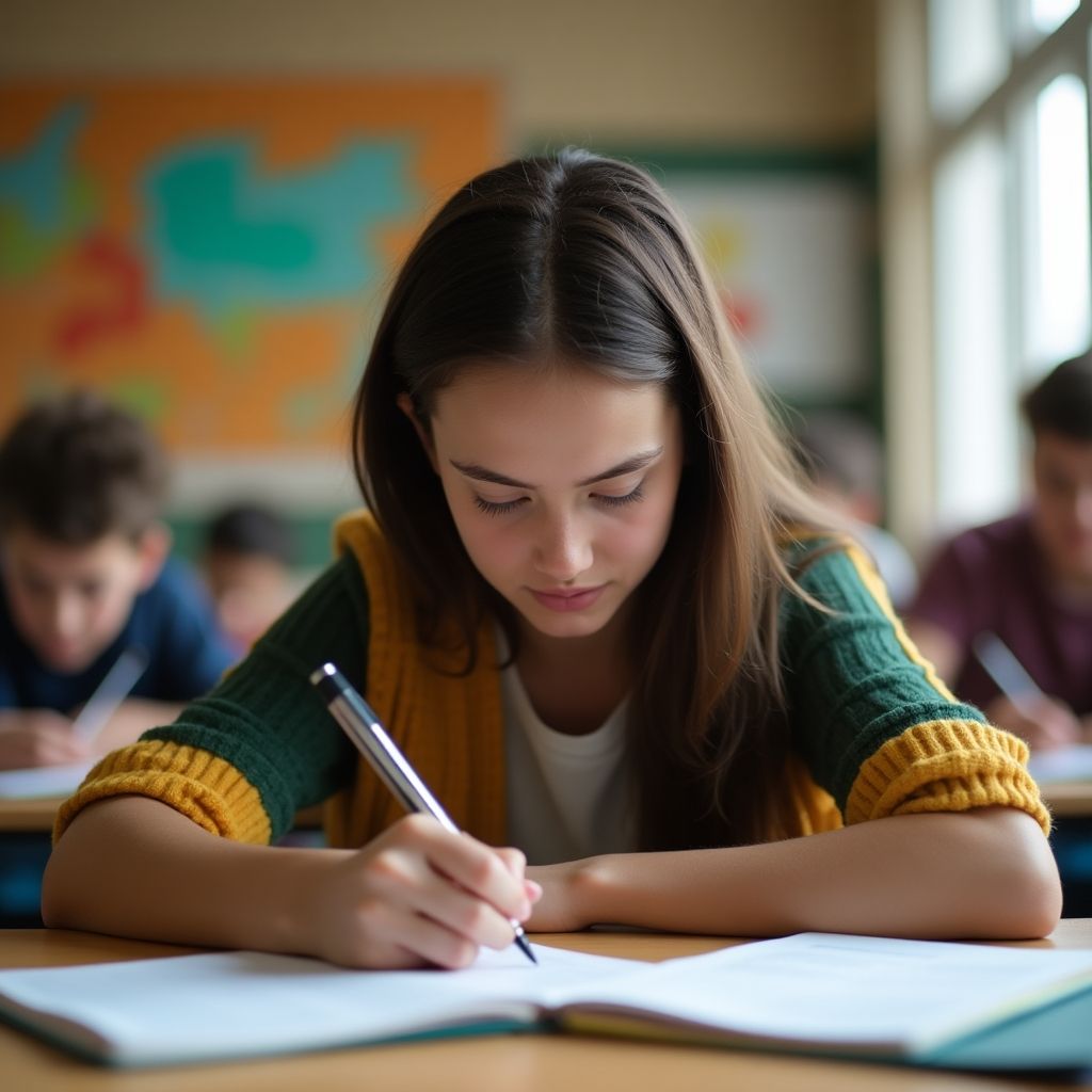 Estudante universitário escrevendo em um ambiente vibrante.