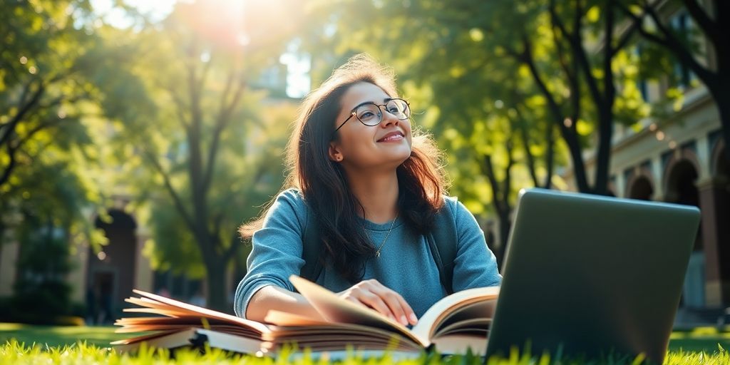 University student in a lively campus setting with books.