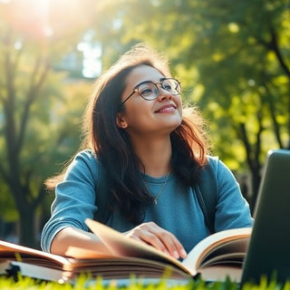 University student in a lively campus setting with books.