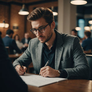 Focused individual drafting a research proposal at a desk