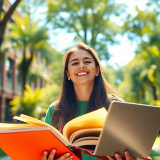 University student in a lively campus environment with books.