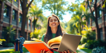 University student in a lively campus environment with books.