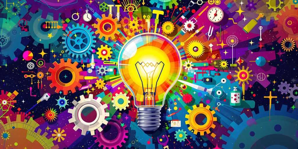 Colorful lightbulb and gears representing entrepreneurship creativity.