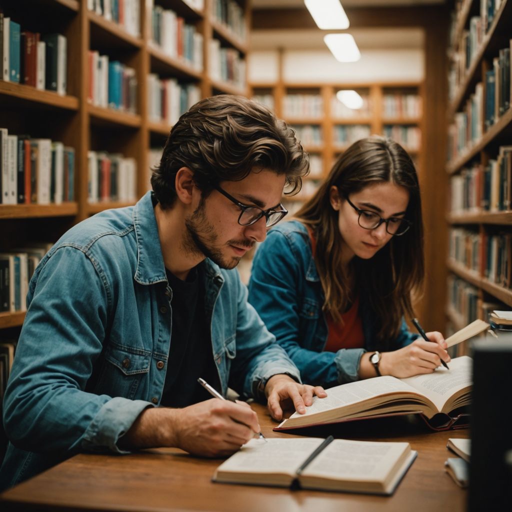 Estudiantes estudiando en una biblioteca con libros y cuadernos