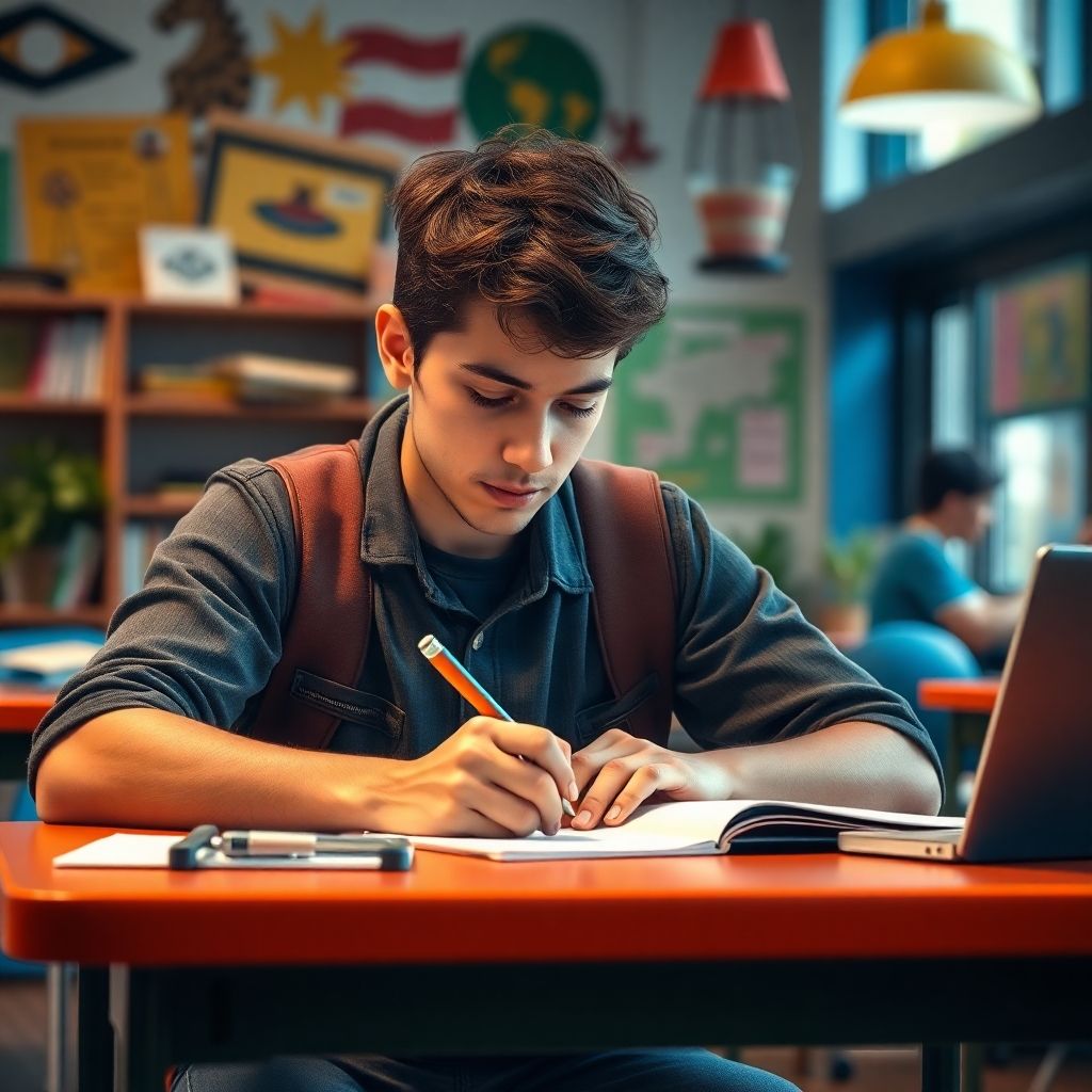 University student writing at a colorful desk.