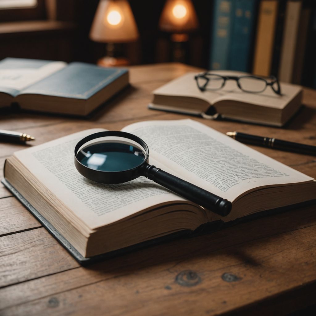 Books and magnifying glass on table, representing literature review.