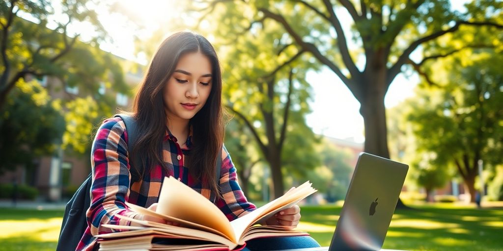 University student studying in a vibrant campus environment.