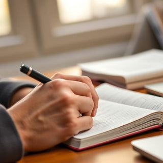 Person writing notes with books and laptop nearby.