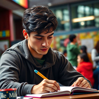 University student writing in a vibrant, colorful setting.