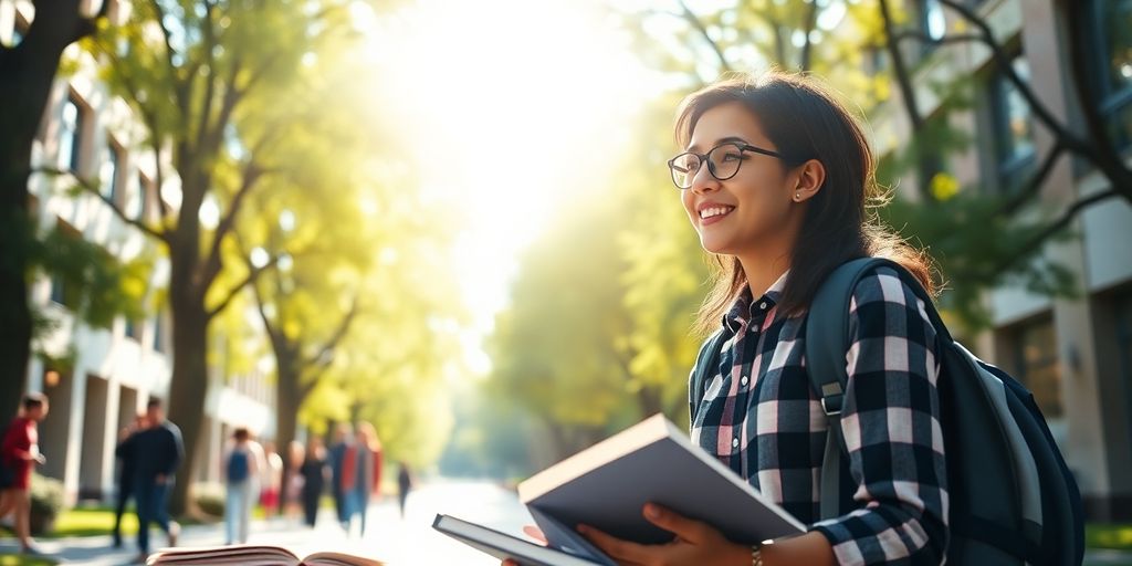 University student in a vibrant campus with natural light.