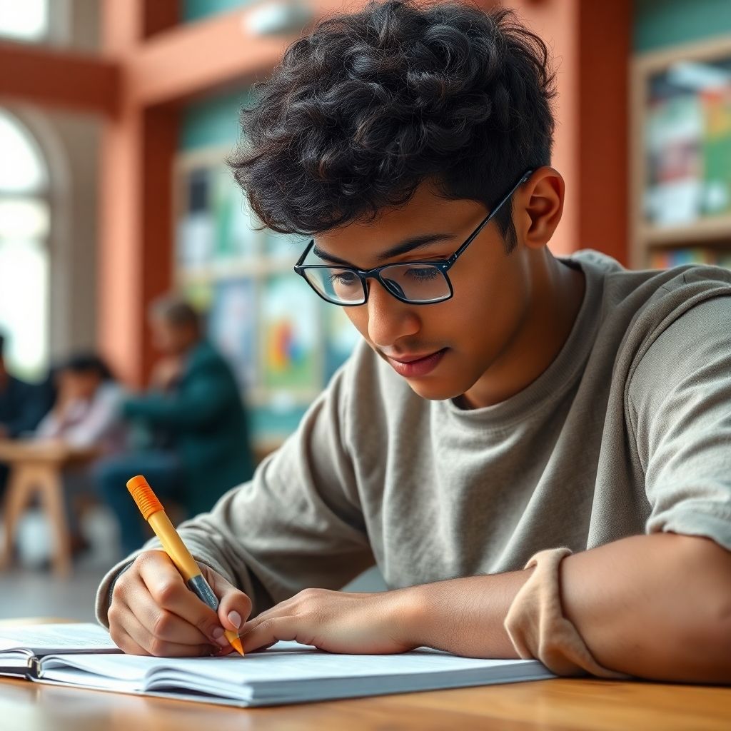 Estudiante universitario concentrado escribiendo en su escritorio.