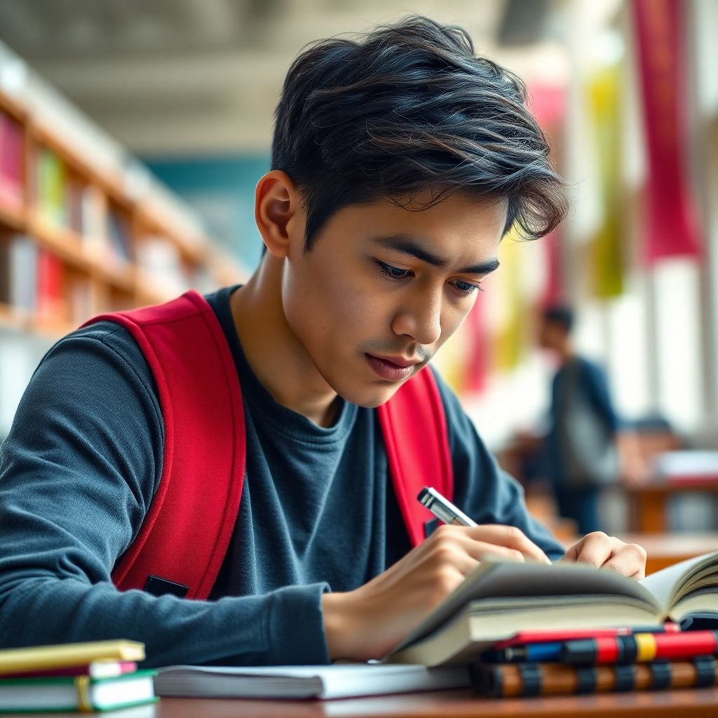 University student writing in a vibrant study environment.