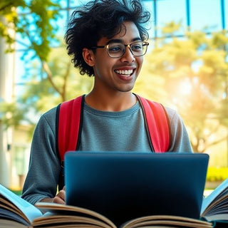 University student in a vibrant campus environment with books.