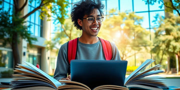 University student in a vibrant campus environment with books.