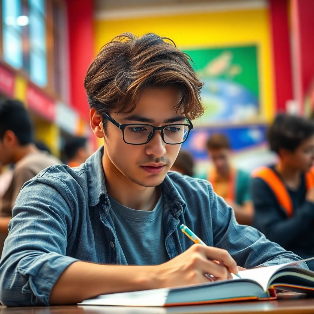 Étudiant universitaire concentré sur ses études.