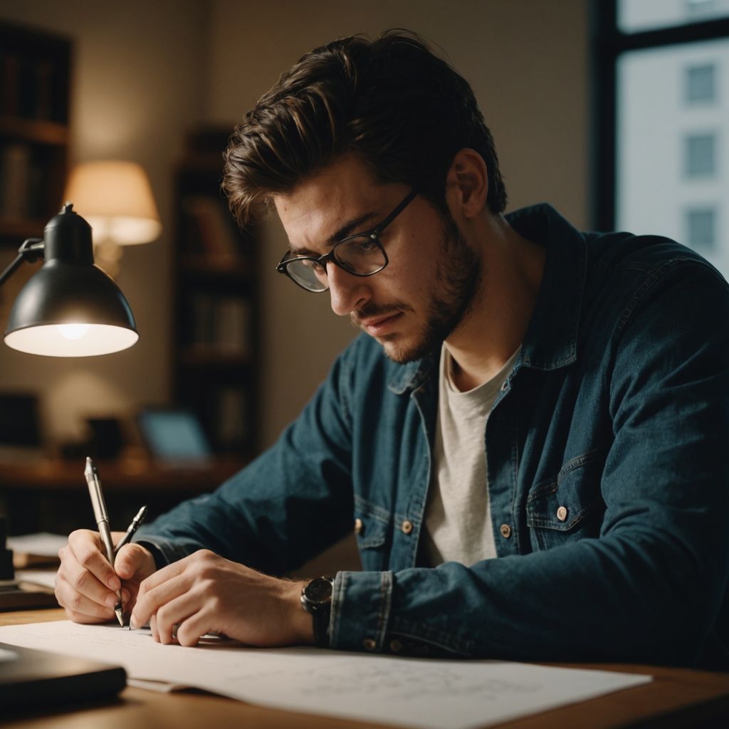 Estudiante concentrado escribiendo su tesis en un escritorio