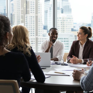 Diverse team collaborating in a modern office environment.