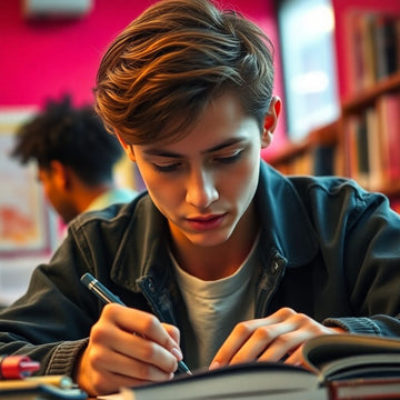 University student writing in a colorful study environment.