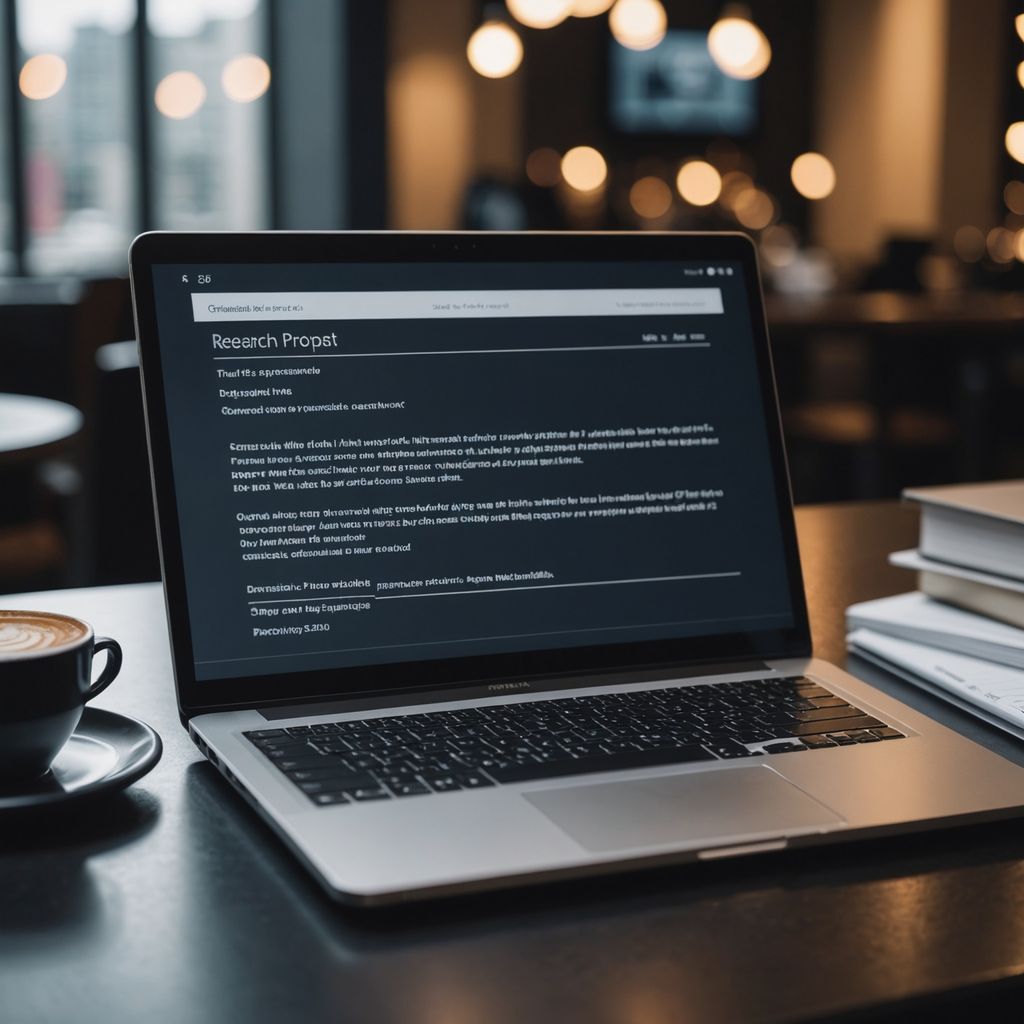 Laptop showing research proposal template in Word