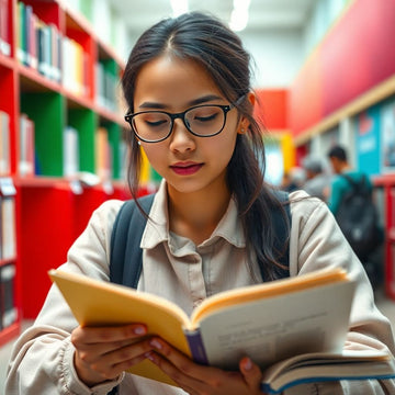 University student reading in a colorful study environment.