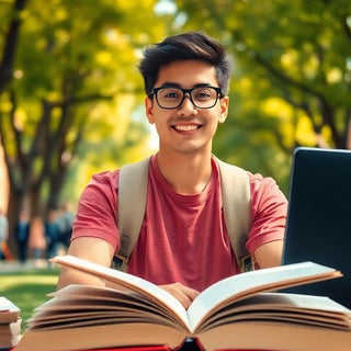 University student in a vibrant campus environment, studying.