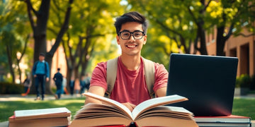 University student in a vibrant campus environment, studying.