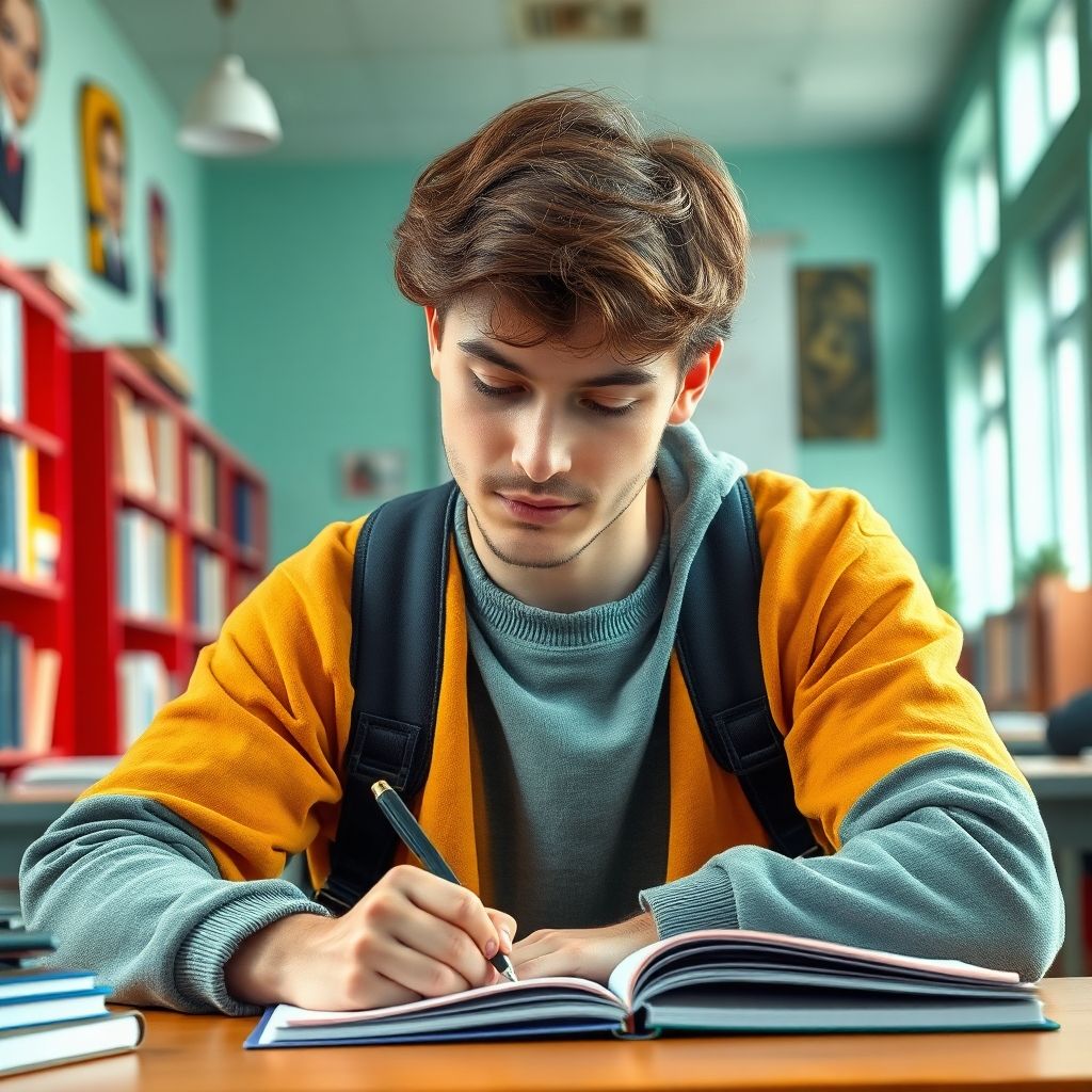 University student writing in a colorful study environment.