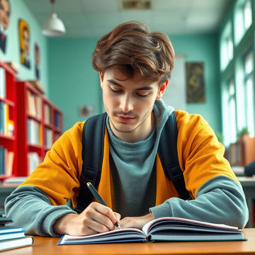 University student writing in a colorful study environment.