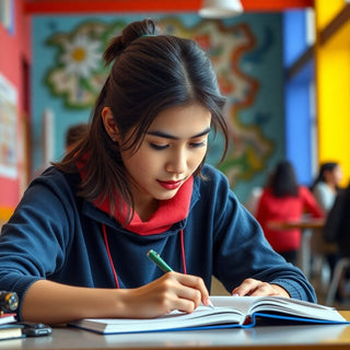 University student writing in a colorful, vibrant setting.