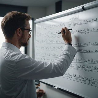 Researcher formulating hypothesis on whiteboard with equations