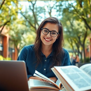 University student in a vibrant campus with books and laptop.