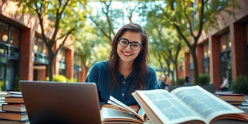 University student in a vibrant campus with books and laptop.