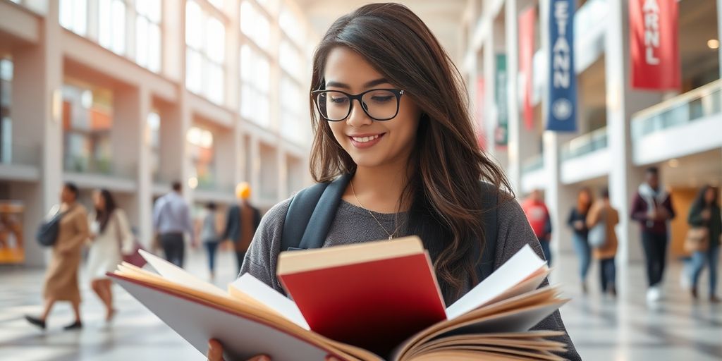 University student studying in a vibrant campus setting.