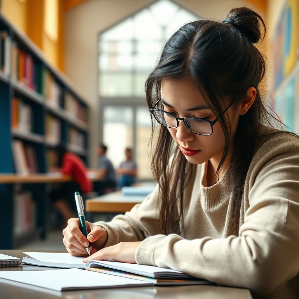 University student writing in a vibrant study environment.