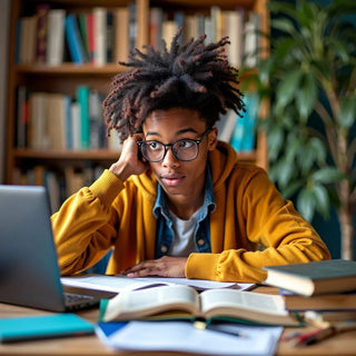 Student working on MBA thesis with books and laptop.