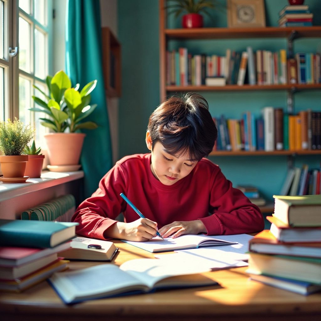 Estudiante escribiendo tesis con libros y notas alrededor.